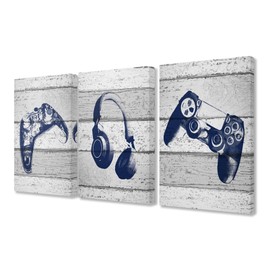 The Kids Room by Stupell Video Gamer Trio Controllers Headset Blue Graphics on Planks Stretched Canvas Wall Art, 3pc, Each 16 x 24, Multi-Colored