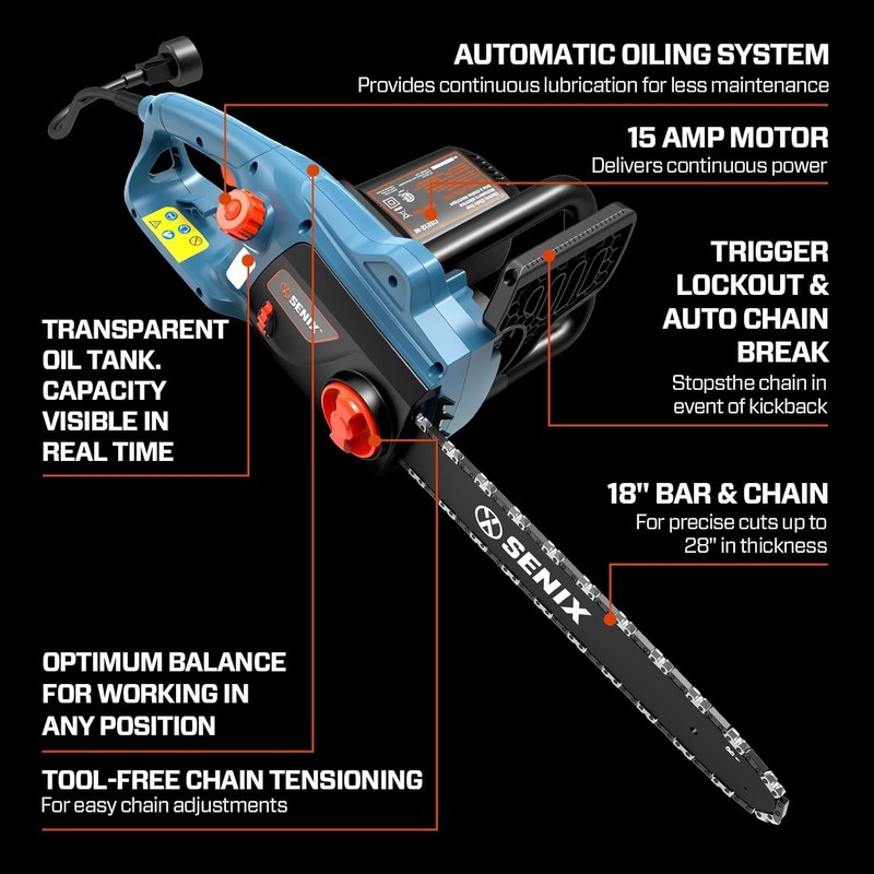SENIX Electric Chainsaw, 18" Corded Chainsaw,15 Amp Chain Saw for