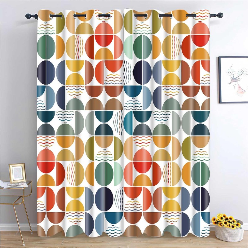 Colorful Abstract Curtains Geometric Circle, Mid Century Modern, 42x84in