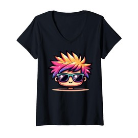 Womens Cute Cartoon Character With Colorful Hair For Kids V-Neck T-Shirt