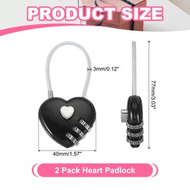 MECCANIXITY Heart Padlock, 3 Digit Combination Lock Heart Shape Mini Code Locks for Jewelry Storage Box Valentine Gift Travel Bags Gym Outdoor Combo Lock, Black, Pack of 2