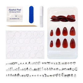 French Tip Acrylic Press on Nails,DIY With 50 Rhinestones for Charming Women,Short Almond Nails With Super Strong Glue,Aurora White,15 Sizes,30 Nail Kit