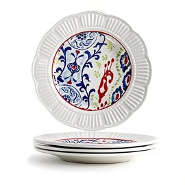 Dinner Plates Set of 4, Ceramic Plates Set with Painted Floral,Flower Shape Porcelain Plate,Microwave Dishwasher Safe,For Home Kitchen and Western Restaurant,Steak Salad Plate,9 Inch,White and Colors