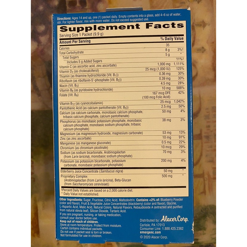Emergen-C Elderberry Immune Plus Flavored Fizzy Drink Mix. Expires 12/2025.