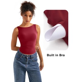 SUUKSESS Women Built in Bra Open Back Boat Neck Tank Tops Double Lined Backless Y2K Going Out Top Basic Shirt (Wine Red,L)