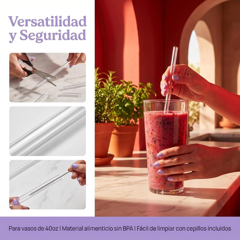 6 Popotes Reutilizables para Vaso con 2 Cepillos Limpiadores, Pajitas