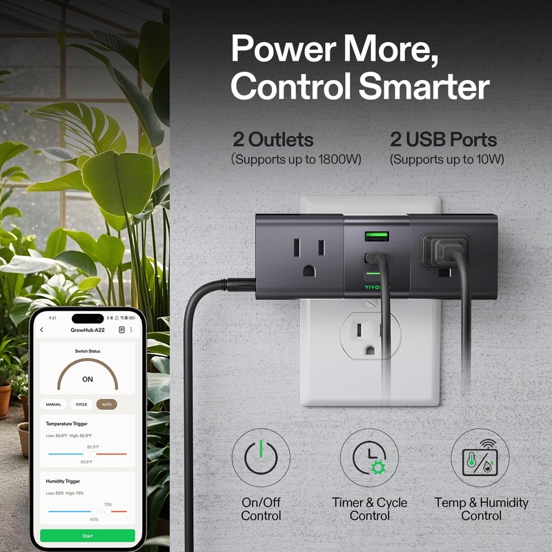 VIVOSUN GrowHub Outlet Controller A22 with Temperature and Humidity Sensor