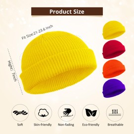 SATINIOR 4 Pieces Trawler Beanie Watch Hat Roll up Edge Skullcap Fisherman Beanie Unisex (Red, Yellow, Orange, Purple)
