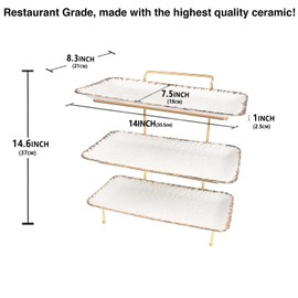 LIUYWYHCF Three-Tier Ceramic Plate Rack - Foldable Gold Plate Rack with Three Large 14-inch White Plates for displaying Food, Fruit, Desserts, and Entertaining Guests.