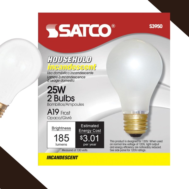 Satco S3950 A19 Incandescent Bulb, 25W, 130V, Frosted Finish, 180