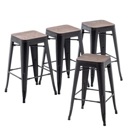 Changjie Furniture Bar Stools Set of 4 with Wooden Seat Backless Barstools Industrial Counter Height Bar Stools Stackable for Kitchen (26 inch, Matte Black)