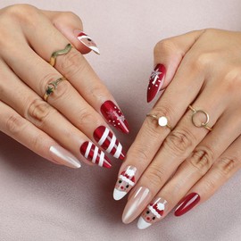 Christmas Press on Nails Medium Almond Fake Nails with Santa Claus Design Striped Snowflake Glue on Nails Glossy White False Nails Xmas Holiday Winter Stick on Nail for Women Manicure 24Pcs
