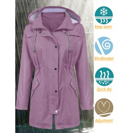 LOMON Women Raincoat Active Outdoor Waterproof Windproof Rain Jacket Fashion Hooded Double Layer Rain Slicker Grey Purple L
