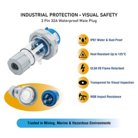 JIAXINPRO 32A 250V IP67 Waterproof 3 Pin Male Electrical Connector - Industrial Plug with Transparent Cover, IEC60309 Certified for Easy Visual Inspection & Maintenance