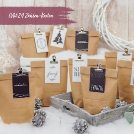 Papierdrachen DIY Advent Calendar to Fill - 24 Gift Bags and 24 Business Cards with Numbers and Metal Clips - for DIY - Christmas