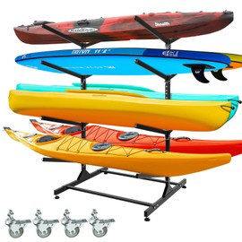 HomiShare Heavy-Duty Kayak Storage Rack, Adjustable Kayak Rack for Indoor & Outdoor Use, Double Sides 4 Levels Storage Rack for Kayak, Canoe, Surfboard, Longboard, and Skateboards, Space-Saving Design