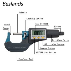 Beslands Digital Electronic Display Micrometer 0-1" / 0-25mm Gauge 0.00005" / 0.001mm Thickness Measuring Tools for Mechanics Inch/Metric Calipers, Machinist Micrometer, Protective Case with Battery