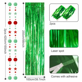 Glitter Green Tinsel Curtain Hanging Decorations Set 3.2x8.3ft, Door Tinsel Foil Fringe Curtain Streamers Party Curtain for School Graduation Birthday Hen Photo Banner Party Decorations