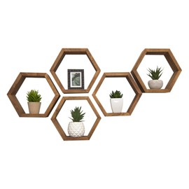 Drakestone Designs Hexagon Floating Wall Shelves, Farmhouse Style Decorative Bookshelves for Kitchen, Bedroom, Living Room, and More, Solid Wood, 10.13" H x 11.75" W x 4.00" D, Walnut, 5-Pack