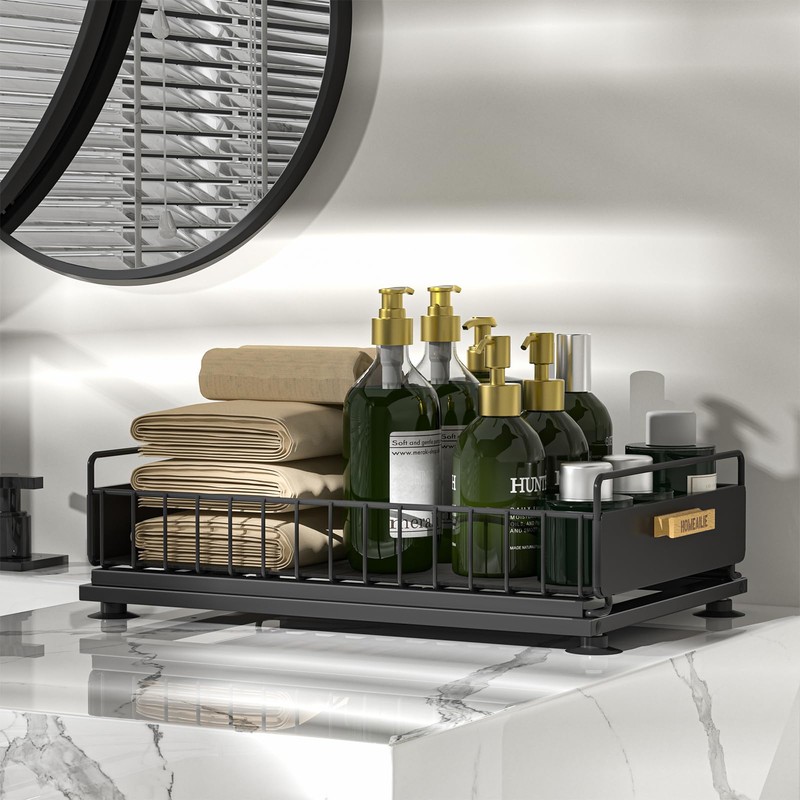 HOMEAILIE Under Sink Organizer, Single Tier Metal Pull Out Sliding