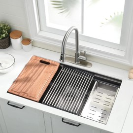 33 Inch Undermount Kitchen Sink Workstation Black - VOKIM 33 x19 Inch double ledges Workstation Undermount Kitchen Sink Single Bowl 16 Gauge Stainless Steel Under Counter Kitchen Sink Basin