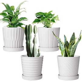 Brajttt Flower Pots,6 Inch Succulent Pots with Drinage,Indoor Round Planter Pots with Saucer,White Cactus Planters with Hole,Outdoor Graden Pots 4 Pack