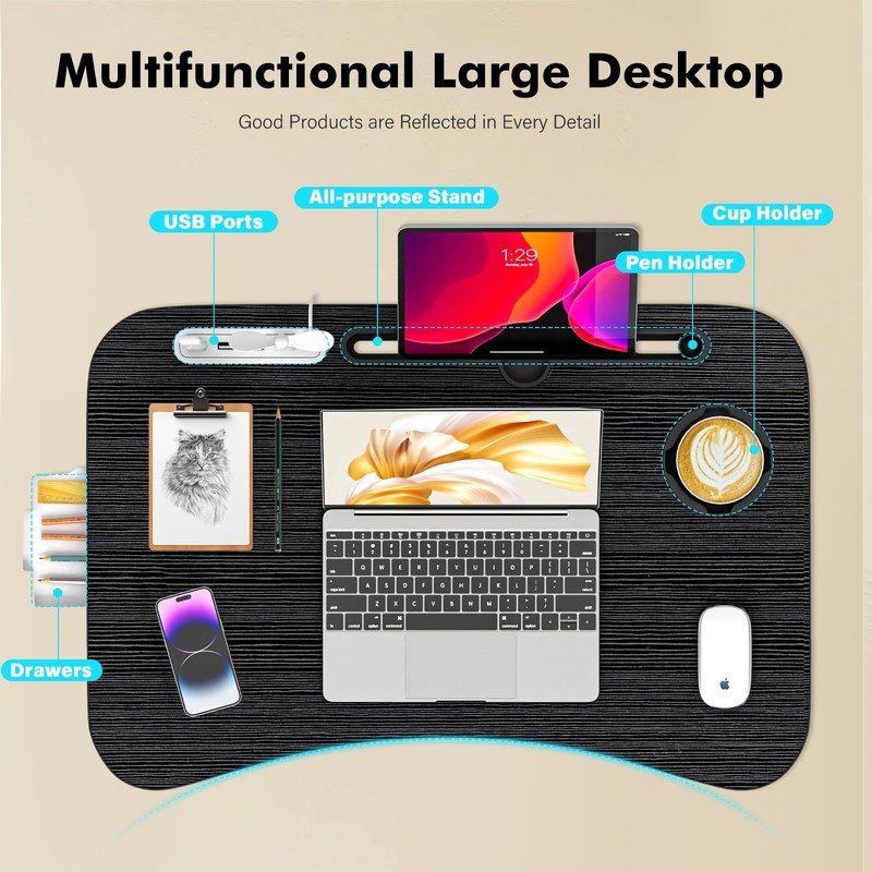 Lap Desk for Bed Adjustable Height, Foldable Bed Table with