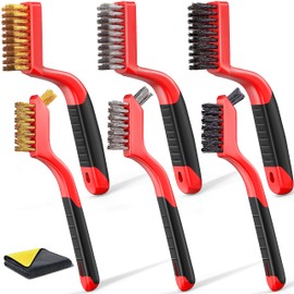 Wire Brush Set, 6-Piece - Nylon/Brass/Stainless Steel Wire Brush/Cleaning Towel with Curved Handle for Rust Removal, Stain Removal and Paint Brush Deep Cleaning - 7-Inch and 8-Inch (Red)
