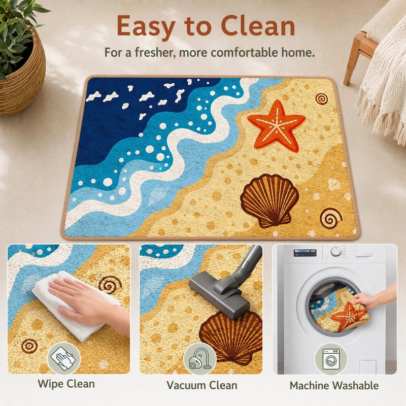 VISSTREE Beach Coastal Bathroom Rug, Colorful Ocean Wave Bath Mat