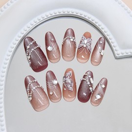 30Pcs Brown Press on Nails Medium Almond Fake Nails with Pearl Rhinestones Designs Butterfly Acrylic Nails Glitter Glue on Nails Full Cover Fall False Nails French Tip Stick on Nails for Women