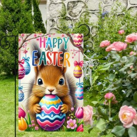 BlissYard Happy Easter Squirrel Garden Flag 12x18 Double Sided Outside Outdoor Decor Easter Flags Colorful Egg Bunny Flower Yard Lawn Patio Welcome Spring Garden Flags