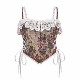 YONABTF Corset Top Renaissance Bustier Vintage Floral Tank Tops Y2K Eyelet Lace Up Overbust Boned Bodyshaper Waist Trainer Multicolor S