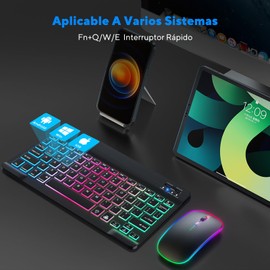 SYCYKA Teclado y Mouse Español Inalámbrico, Teclado Bluetooth RGB de 13 Pulgadas, Ratón de Modo Dual con 3 dpi Ajustables, para iOS Android Windows Mac Tabletas Portátiles Teléfonos y Computadoras