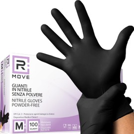 R MOVE 100 guanti in nitrile monouso neri M senza polvere, gloves ambidestri usa e getta per alimenti, non sterili, senza lattice, ipoallergenici - per ambiti medici, Estetisti, Tatuatori (M, Neri)