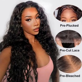 Ksfull Deep Wave Lace Front Human Hair Wigs for Black Women 5x5 Glueless Deep Wave Wig Human Hair Pre Cut Wear and Go Glueless Wigs Human Hair Pre Plucked 180% Density (natural color, 18 inch)