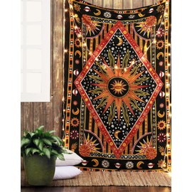RAJRANG BRINGING RAJASTHAN TO YOU Rote Sonne Wandteppich 228 x 213 cm Baumwolle Wandbehang Tagesdecke Hippie Pfau Wandteppiche