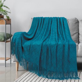 PAVILIA Teal Blue Knit Throw Blanket for Couch Bed, Soft Knitted Farmhouse Sofa Throw for Living Room, Lightweight Decorative Summer Throw Blanket for Chair, Outdoor Textured Boho Blanket, 50x60