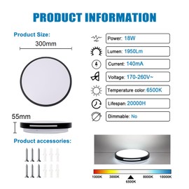 EXTRASTAR 18W LED Ceiling Light, 1950LM 123W Equivalent, Cool White 6500K Daylight Flush Mount Ceiling Lamp, 30cm Round Black Edge Ceiling Lighting Fixture, Non-Dimmable