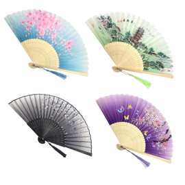Garegce 4PCS Folding Hand Fans with Tassel for Women, Silk Fabric and Hollow Carved Bamboo Manual Vintage Chinese Style Fan for Wedding Christmas Party Gifts Home Wall Decorations