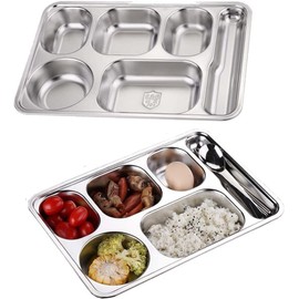 AIYoo 2 Pack Stainless Steel Divided Dinner Plates,Unbreakable Large Control Portion Plates,6 Compartment Divided Plate for Camping,Events,Family Party and Kitchen Daily Use