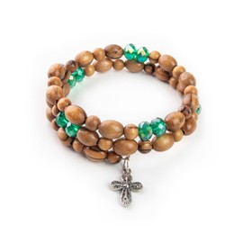 Christian Bracelets For Women From the Holy Land - Helix Stretch Wrap Beaded Bracelets With Olive Wood, Aqua Prayer Beads & Cross Dangle - Prayer Bracelet For Women & Girls - Cross Bracelet For Women