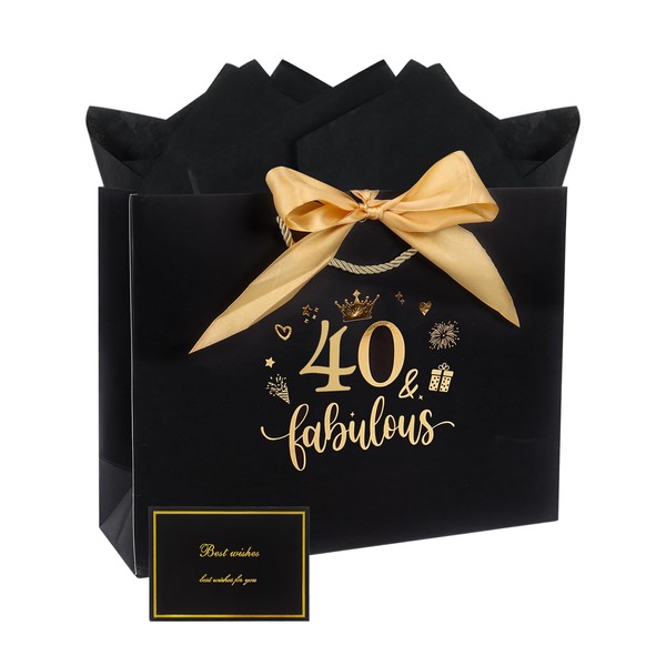 Black 40th Birthday Gift Bag with Tissue Paper and Cards