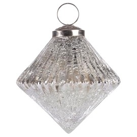 Karma, Christmas Hanging Ornament, Fluted Diamond Glass Ornament Silver Mercury 4",Holiday Decoration, Christmas Tree Ornament