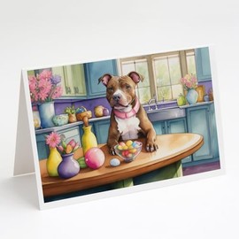 Caroline's Treasures DAC6868GCA7P Decorating Easter Pit Bull Terrier Greeting Cards Pack of 8 Blank Cards with Envelopes Whimsical A7 Size 5x7 Blank Note Cards