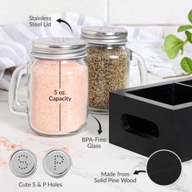 Mason Jar Salt and Pepper Shakers - Glass Shaker Set with Wood Holder Caddy, Easy to Clean & Refill for Farmhouse Kitchen Table, Home and Gifts (Black)