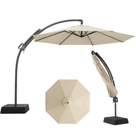 Outdoor Patio Umbrella with Base Includeds, 10 FT Cantilever Umbrella withstands Wind and Weather, Sturdy Sun Shade Hanging Umbrella for Deck, Pool, 240G/M2, UPF50+, Class 4 color fastness, Champagne