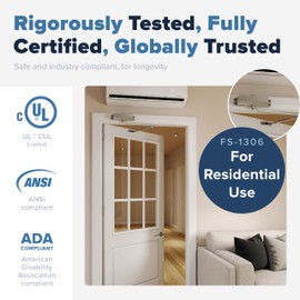 Automatic Door Closer (Silver), FS-1306 Residential Hydraulic Auto Door Closer, Grade 3 Self Closing Spring Hinge, UL Listed & ADA Soft Closers No Slam, for Home & Interior Garage Doors Closure