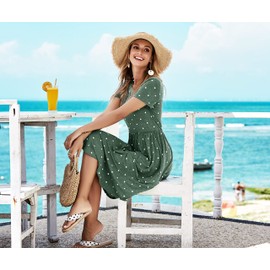 Women Spring Summer Knit Short Sleeve Pocket Midi Knee Work Casual Dress Green L