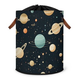 Black Planet Large Laundry Hamper Basket with Lid, Round Collapsible Storage Organizer Bin for Kids Room, Boys, Nursery, Bedroom, Playroom, Toys, Dirty Clothes, 16"W x 20"H