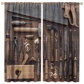 Industrial Tools Theme Curtain, Craft Equipment with Carpenter Pattern of Obsolete Mechanical Tools, Room Bedroom Garage Blackout Decorative Curtain 2 Pieces 42x45in